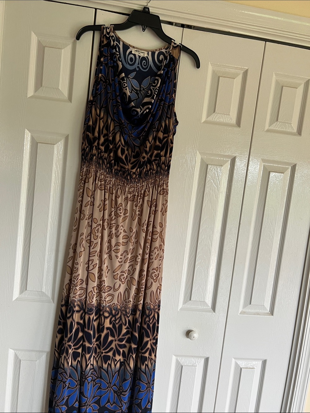 Maxi Dress in Blue and Beige - Sleeveless Printed Summer Dress